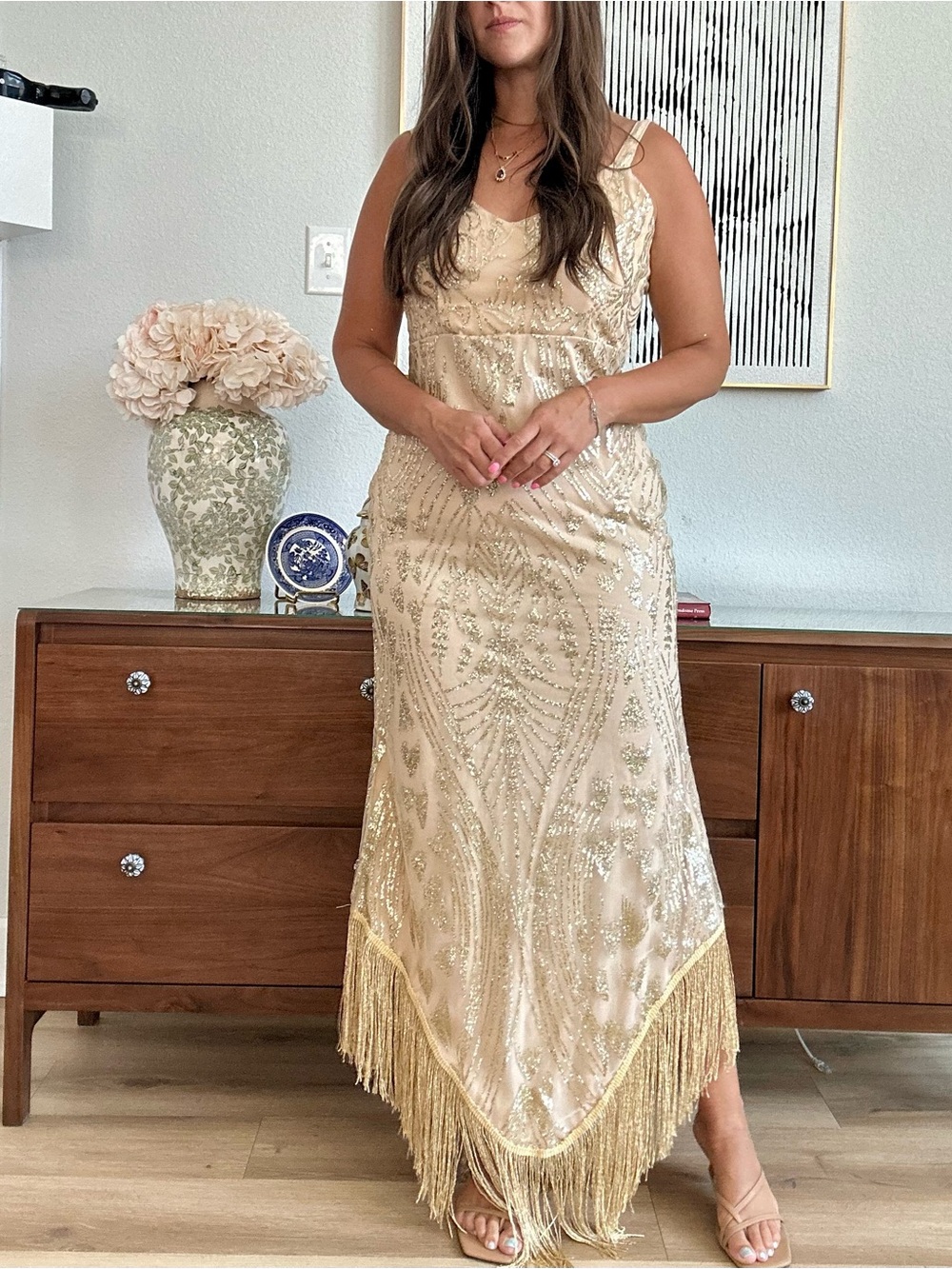 Source Unknown Champagne Sequin Fringe Maxi Dress